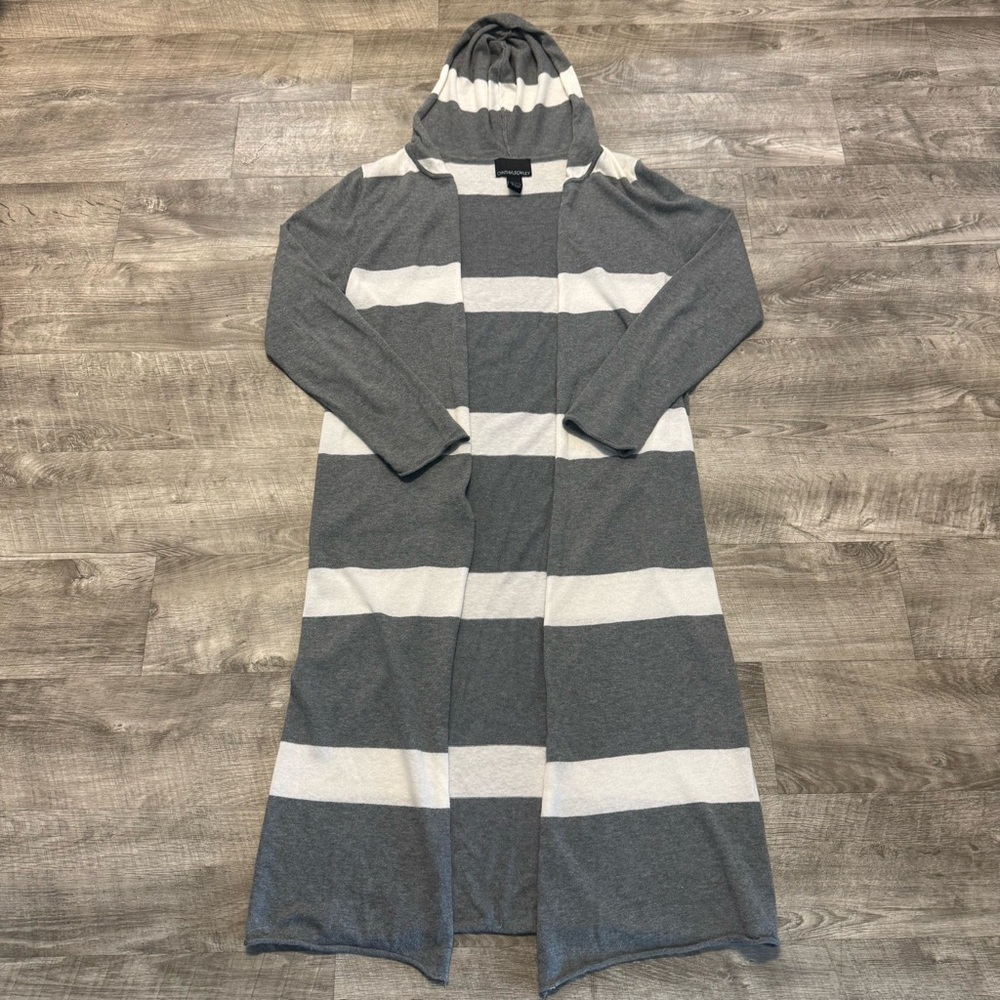 Cynthia Rowley Longline Open Front Cardigan Sweater Striped Lightweight Sz. L